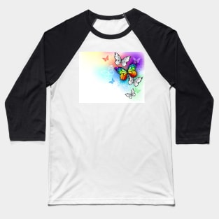 White Background with Rainbow Butterfly Baseball T-Shirt